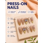 Nude‑Gold Gradient Iridescent Butterfly Press‑On Nails, Luxury Gold French Plaid Almond False Nails